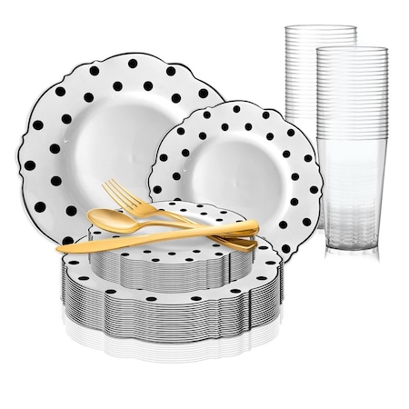 Smarty Had A Party White with Black Dots Round Blossom Disposable Plastic Wedding Value Set, 720PK 980-B-VS120